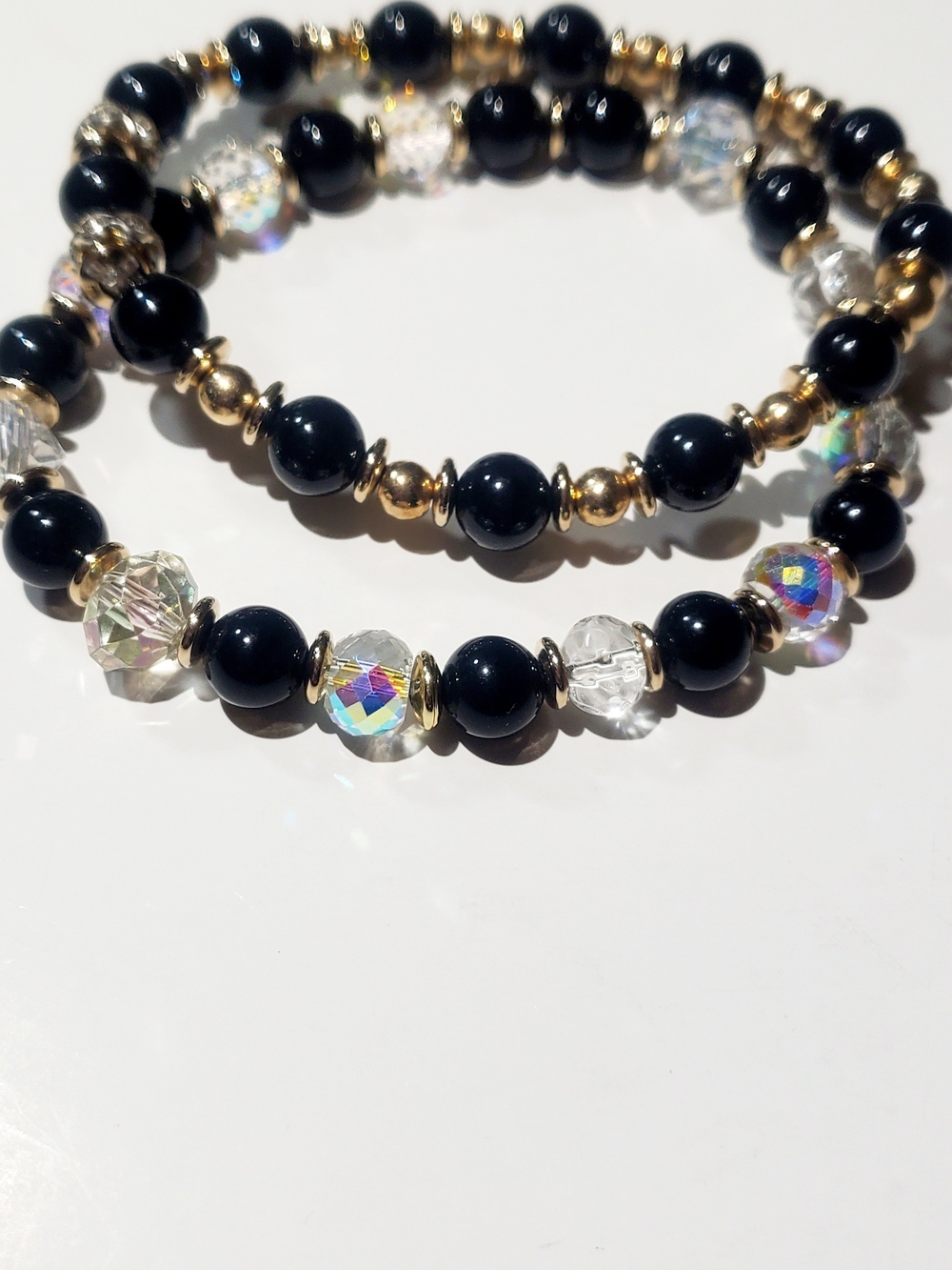 Gold & Black Beaded Stretch Bracelet Set with Crystal Accents